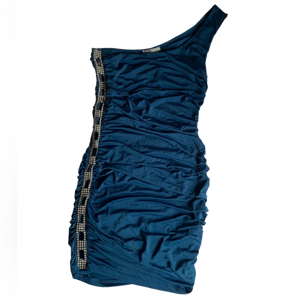 Blue sexy clubbing one-should dress with rhinestone on right side